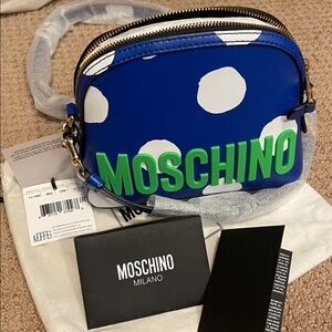 Moschino Blue White Polka Dot Crossbody with Green Logo